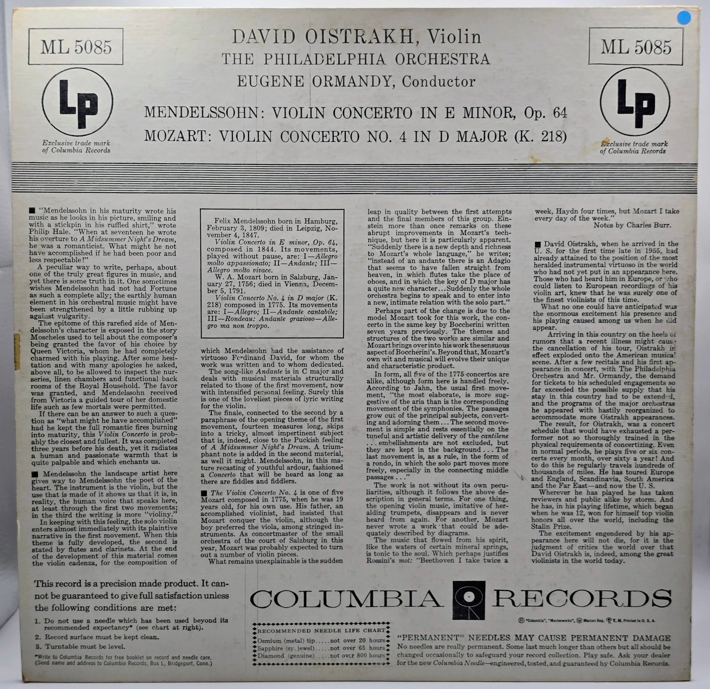 Oistrakh*, The Philadelphia Orchestra, Eugene Ormandy / Mendelssohn* / Mozart* - Violin Concerto / Violin Concerto No. 4 (LP) (Very Good Plus (VG+))