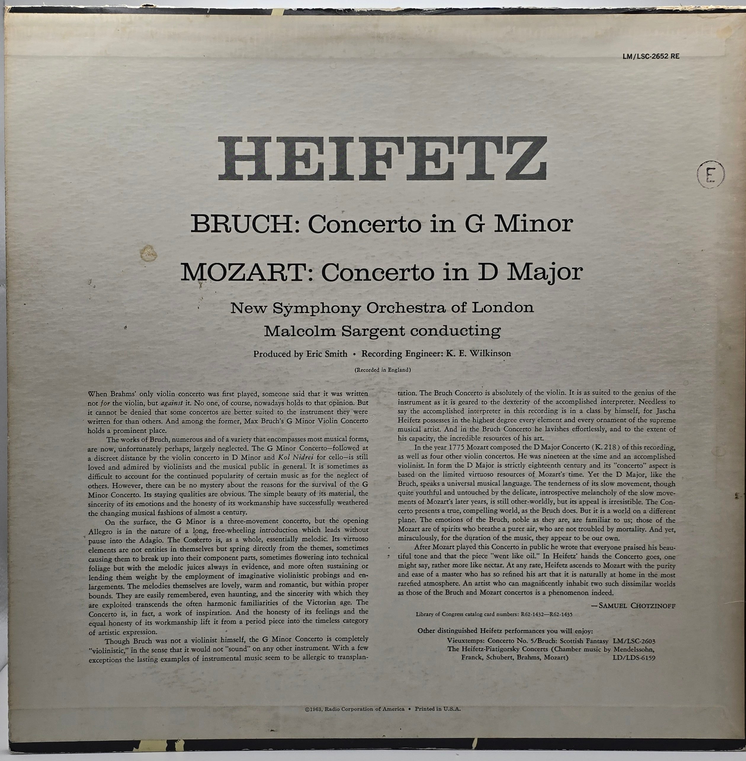 Heifetz*, Bruch* / Mozart*, New Symphony Orchestra Of London*, Malcolm Sargent* - Concerto In G Minor · Concerto In D Major (LP) (Very Good (VG))