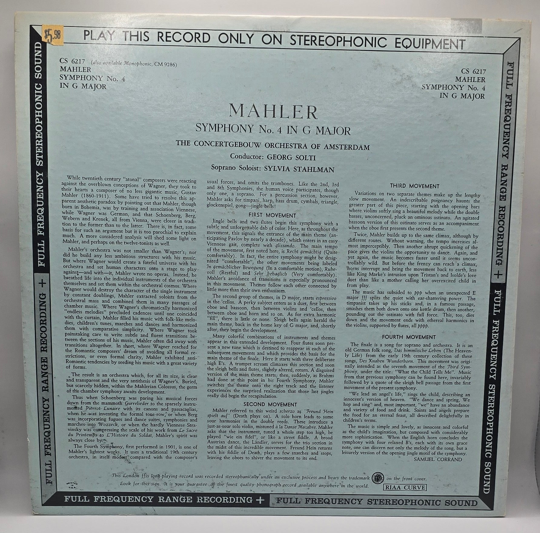 Mahler* / Concertgebouw Orchestra Of Amsterdam*, Georg Solti - Symphony No. 4 In G Major (LP) (Very Good Plus (VG+))