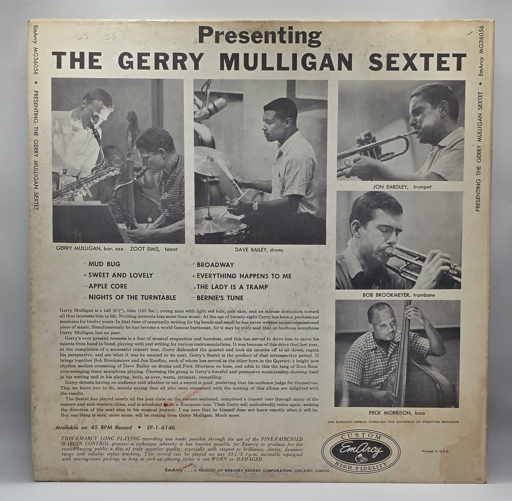 Gerry Mulligan And His Sextet - Presenting The Gerry Mulligan Sextet (LP) (Very Good Plus (VG+))