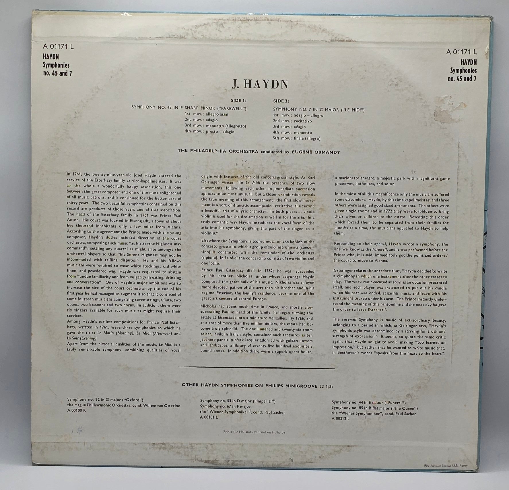 The Philadelphia Orchestra, Eugene Ormandy / Haydn* - "Farewell" Symphony No. 45 In F Sharp Minor / "Le Midi" Symphony No. 7 In C Major  (LP) (Very Good Plus (VG+))