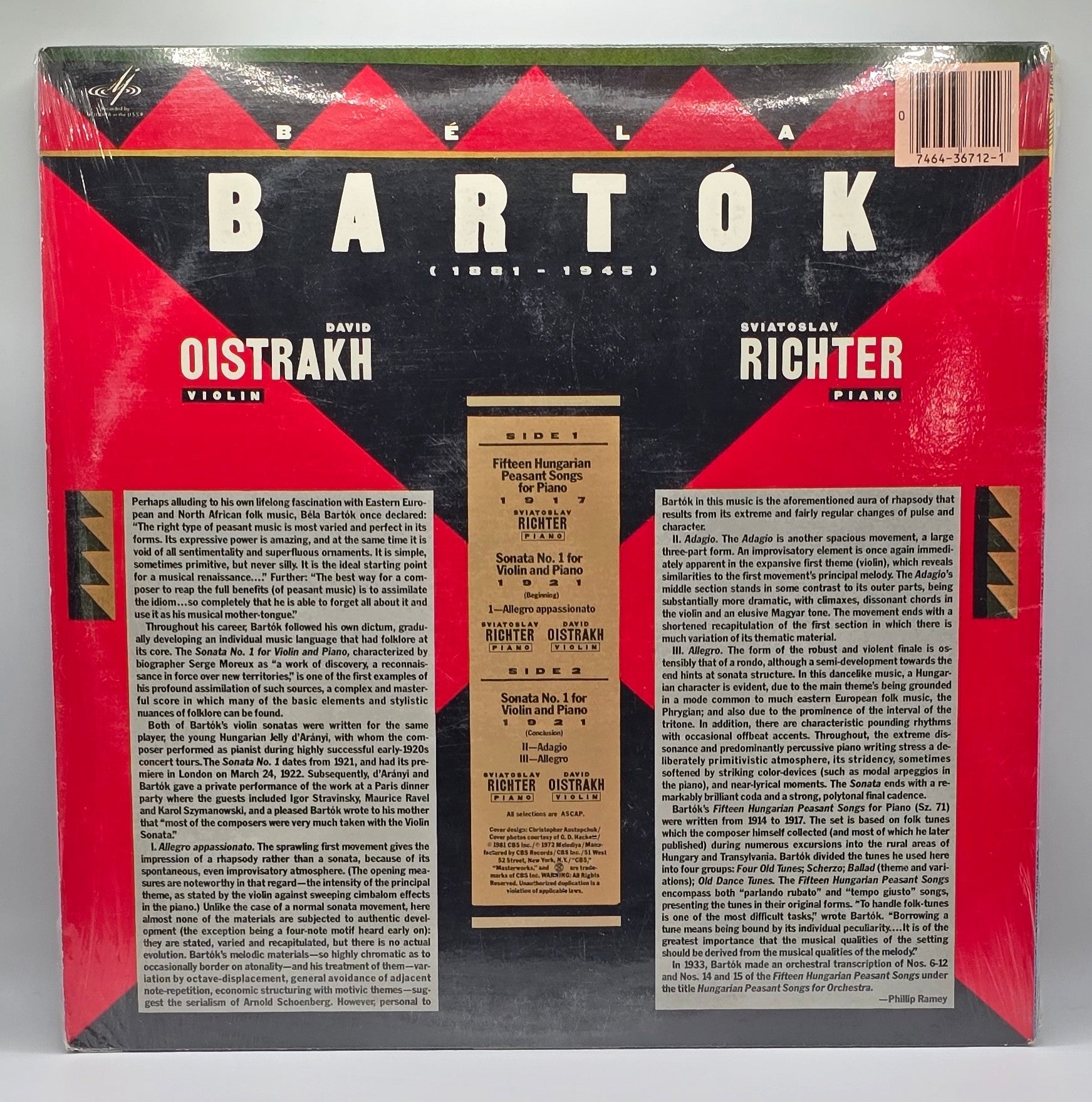 Sviatoslav Richter And David Oistrakh* - Bela Bartok (LP) (Very Good Plus (VG+))