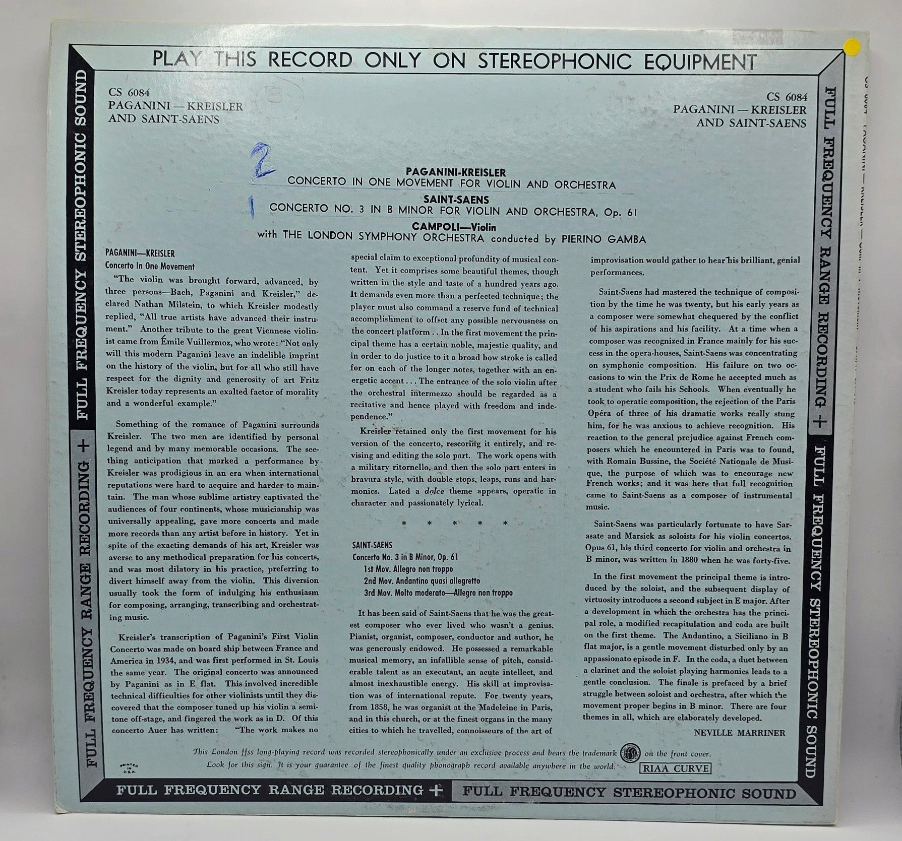 Alfredo Campoli, Niccolò Paganini - Fritz Kreisler / Camille Saint-Saëns, London Symphony Orchestra Conducted By Pierino Gamba - Concerto In One Movement For Violin And Orchestra / Concerto No. 3 In B Minor For Violin And Orchestra Opus 61 (LP) (Very Go