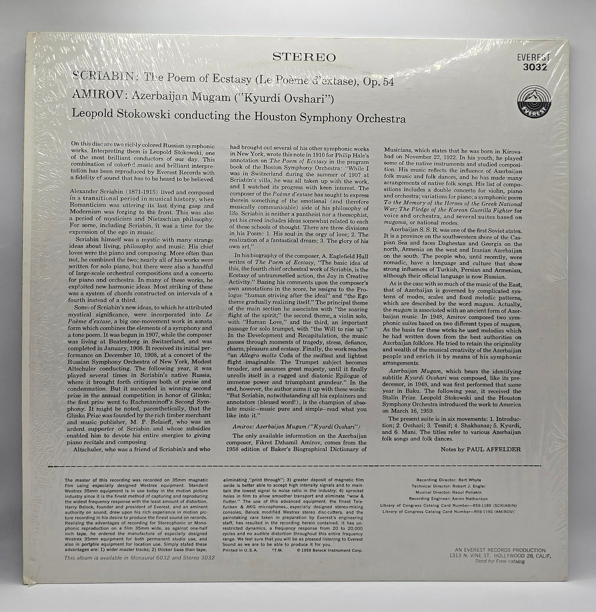 Scriabin* / Amirov* - Leopold Stokowski Conducting The Houston Symphony Orchestra* - The Poem Of Ecstasy = Le Poème D'Extase, Op. 54 / Azerbaijan Mugam (Kyurdi Ovshari) (LP) (Very Good Plus (VG+))