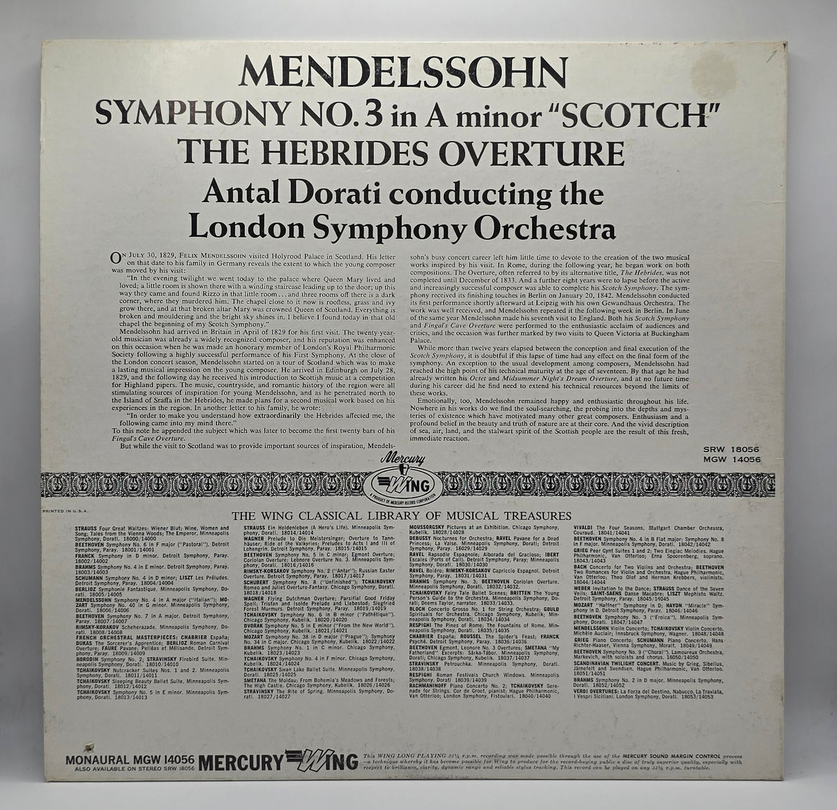 Mendelssohn*, Antal Dorati Conducting The London Symphony Orchestra - Symphony No. 3 In A Minor, Opus 56 ("Scotch") / The Hebrides Overture (LP) (Très bon état (VG+))