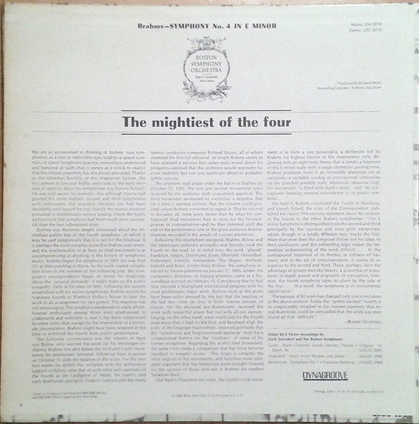 Brahms* / Boston Symphony Orchestra, Erich Leinsdorf : Symphony No. 4 In E Minor (LP, Album)